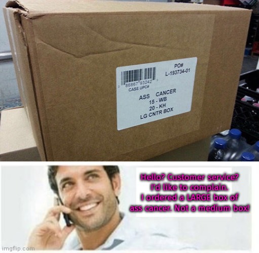 This is unexceptable! | Hello? Customer service? I'd like to complain. I ordered a LARGE box of ass cancer. Not a medium box! | image tagged in three panel telephone couple blank,no filter,ass,cancer | made w/ Imgflip meme maker