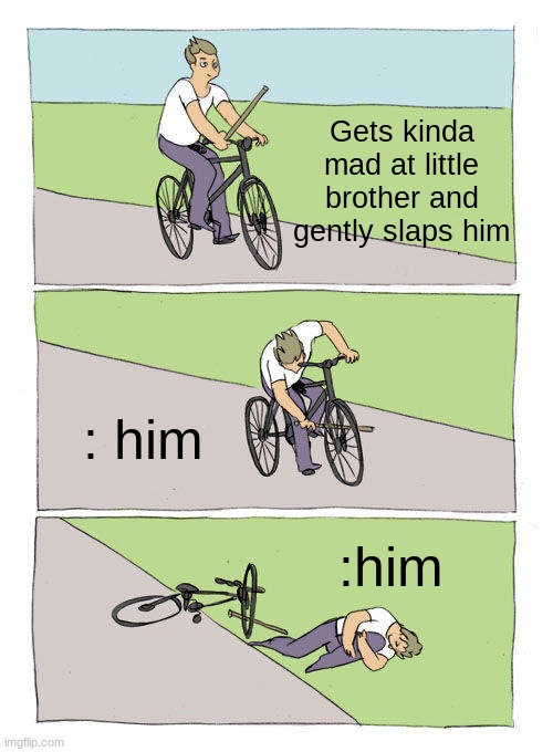 Bike Fall | Gets kinda mad at little brother and gently slaps him; : him; : him | image tagged in memes,bike fall | made w/ Imgflip meme maker