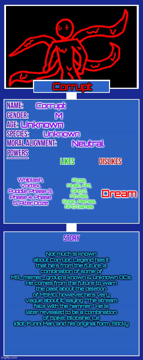 Confused? So am I. | Corrupt; Corrupt; M; Unknown; Unknown; Neutral; Whiplash, Vortex, Puddle, Phase 3, Phase 4, Phase 5, Alter, Ooze; Dream; Pizza, Music, Art, Sing 2, Movies, Sonic, Memes, RPG Games; Not much is known about Corrupt. Legend has it that he's from the future, a combination of some of MS_memer_group's known & unknown OCs. He comes from the future to warn the past about the deletion of MSMG, however, he's very vague about it, saying "The stream falls with the hammer." He is later revealed to be a combination of Spike, Blobshie, Le Idiot, Funni Man, and his original form, Sticky | image tagged in oc full showcase v2 | made w/ Imgflip meme maker