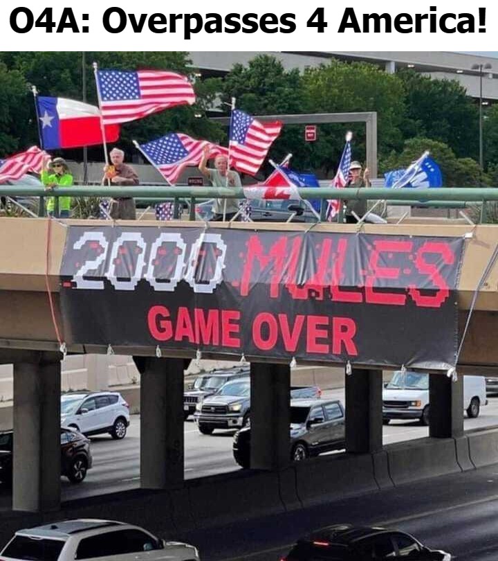 O4A: Overpasses 4 America! | O4A: Overpasses 4 America! | image tagged in 2000 mules game over,sedition,treason,2000 arrests,hanging out,it sucks if youre a mule | made w/ Imgflip meme maker