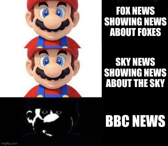 News Networks getting uncanny | FOX NEWS SHOWING NEWS ABOUT FOXES; SKY NEWS SHOWING NEWS ABOUT THE SKY; BBC NEWS | image tagged in mario dark three panel,uncanny,memes,funny,news,funny memes | made w/ Imgflip meme maker