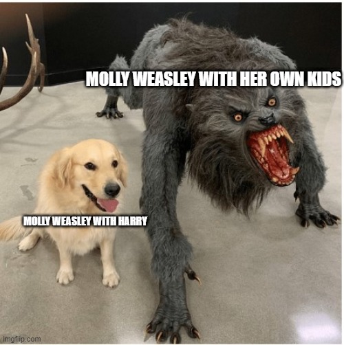 dog wolf | MOLLY WEASLEY WITH HER OWN KIDS; MOLLY WEASLEY WITH HARRY | image tagged in dog wolf | made w/ Imgflip meme maker