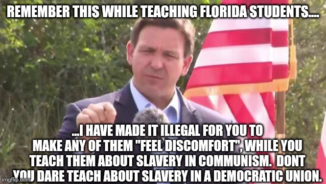 Do not discuss topics thay will upset the children... | REMEMBER THIS WHILE TEACHING FLORIDA STUDENTS.... ...I HAVE MADE IT ILLEGAL FOR YOU TO MAKE ANY OF THEM "FEEL DISCOMFORT", WHILE YOU TEACH THEM ABOUT SLAVERY IN COMMUNISM.  DONT YOU DARE TEACH ABOUT SLAVERY IN A DEMOCRATIC UNION. | image tagged in florida governor ron desantis | made w/ Imgflip meme maker