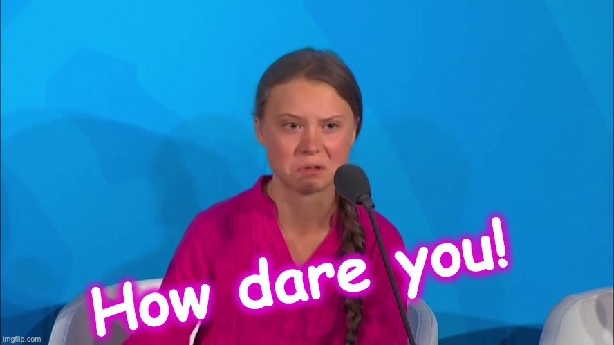 "How dare you?" - Greta Thunberg | How dare you! | image tagged in how dare you - greta thunberg | made w/ Imgflip meme maker