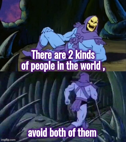 Skeletor disturbing facts | There are 2 kinds of people in the world , avoid both of them | image tagged in skeletor disturbing facts | made w/ Imgflip meme maker