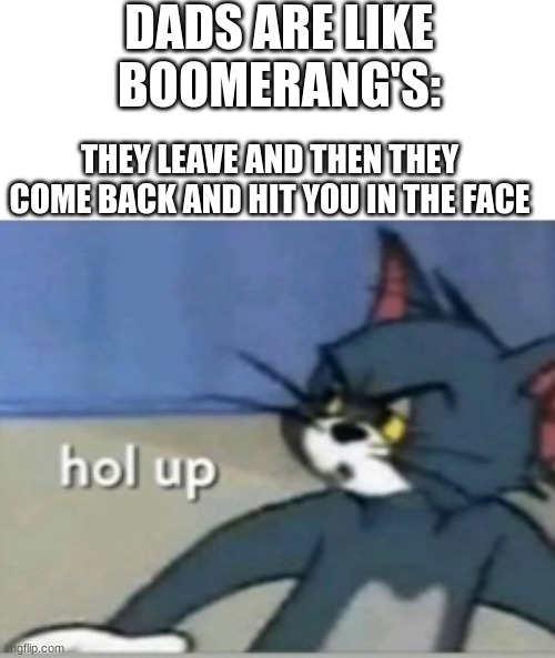 Hol up a second sir... | DADS ARE LIKE BOOMERANG'S:; THEY LEAVE AND THEN THEY COME BACK AND HIT YOU IN THE FACE | image tagged in hol up | made w/ Imgflip meme maker
