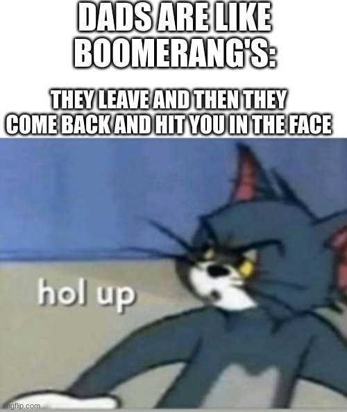 Hol up a second sir... | DADS ARE LIKE BOOMERANG'S:; THEY LEAVE AND THEN THEY COME BACK AND HIT YOU IN THE FACE | image tagged in hol up | made w/ Imgflip meme maker
