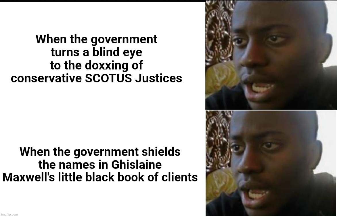 Double disappointment as the government cherry picks what info is allowed in public forums | When the government turns a blind eye to the doxxing of conservative SCOTUS Justices; When the government shields the names in Ghislaine Maxwell's little black book of clients | image tagged in scumbag government,doxxing justices,ghislaine maxwell,liberal hypocrisy,abortion fanatics,scotus | made w/ Imgflip meme maker
