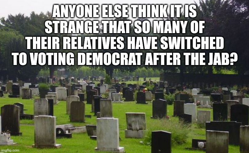 Graveyard | ANYONE ELSE THINK IT IS STRANGE THAT SO MANY OF THEIR RELATIVES HAVE SWITCHED TO VOTING DEMOCRAT AFTER THE JAB? | image tagged in graveyard | made w/ Imgflip meme maker