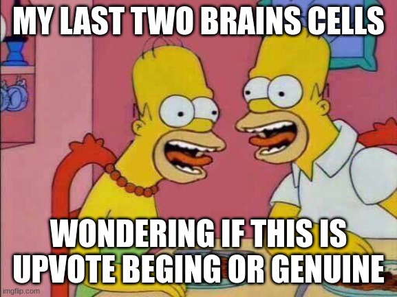 My Last Two Brain Cells | MY LAST TWO BRAINS CELLS WONDERING IF THIS IS UPVOTE BEGGING OR GENUINE | image tagged in my last two brain cells | made w/ Imgflip meme maker