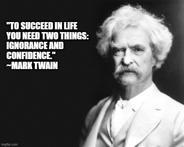 Success in Life |  "TO SUCCEED IN LIFE 
YOU NEED TWO THINGS: 
IGNORANCE AND 
CONFIDENCE."
~MARK TWAIN | image tagged in mark twain,success,life,confidence | made w/ Imgflip meme maker