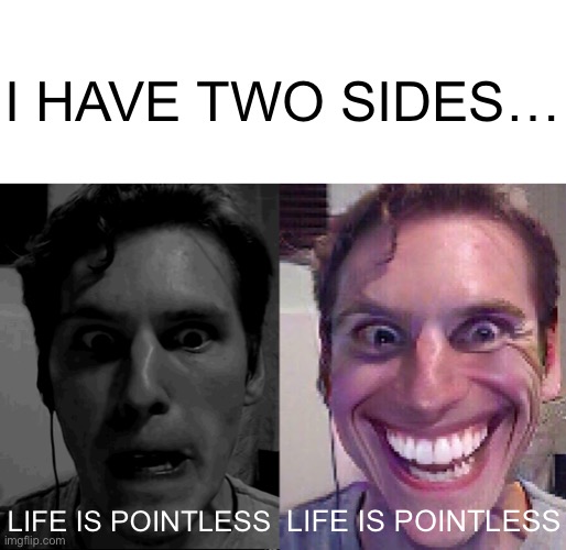 I HAVE TWO SIDES…; LIFE IS POINTLESS; LIFE IS POINTLESS | image tagged in depressed jerma,when the imposter is sus | made w/ Imgflip meme maker