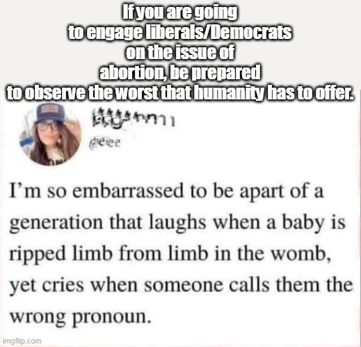 “There are none so blind as those who will not see.” | If you are going to engage liberals/Democrats on the issue of abortion, be prepared to observe the worst that humanity has to offer. | image tagged in abortion is murder,children,evil,disgusting,life | made w/ Imgflip meme maker