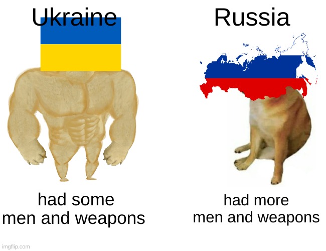 lets go ukarine | Ukraine; Russia; had some men and weapons; had more men and weapons | image tagged in memes,buff doge vs cheems | made w/ Imgflip meme maker