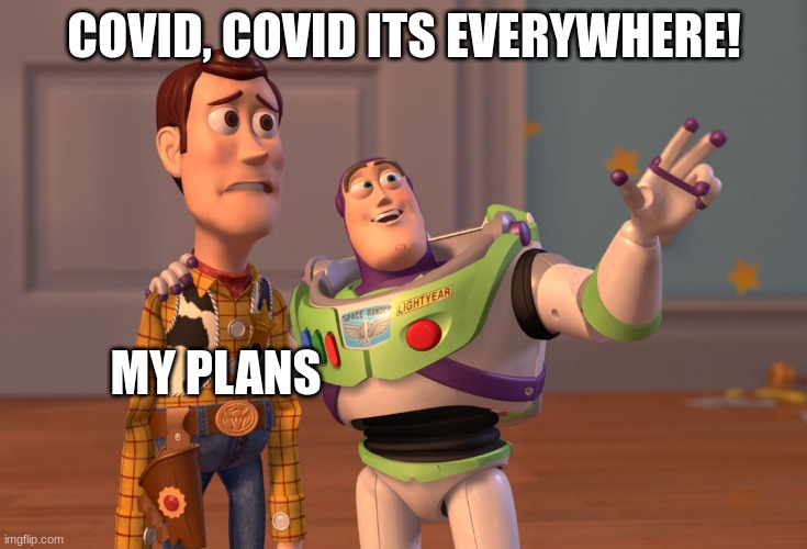 covid, covid, its everywhere! | COVID, COVID ITS EVERYWHERE! MY PLANS | image tagged in memes,covid-19,coronavirus,buzz and woody,woody and buzz lightyear everywhere widescreen | made w/ Imgflip meme maker