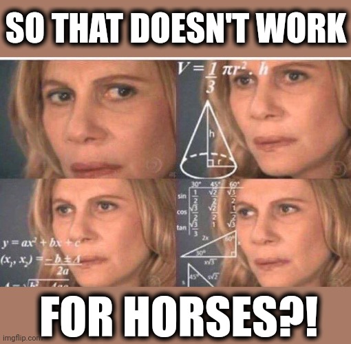 Math lady/Confused lady | SO THAT DOESN'T WORK FOR HORSES?! | image tagged in math lady/confused lady | made w/ Imgflip meme maker