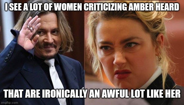 Women just like Amber Turd | I SEE A LOT OF WOMEN CRITICIZING AMBER HEARD; THAT ARE IRONICALLY AN AWFUL LOT LIKE HER | image tagged in johnny and amber | made w/ Imgflip meme maker