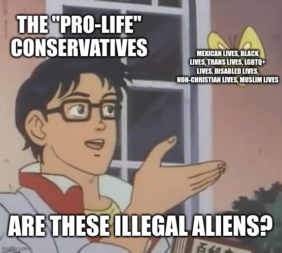Don't call yourself pro-life if you don't support ALL lives. You're just pro-birth. SMH | THE "PRO-LIFE" CONSERVATIVES; MEXICAN LIVES, BLACK LIVES, TRANS LIVES, LGBTQ+ LIVES, DISABLED LIVES, NON-CHRISTIAN LIVES, MUSLIM LIVES; ARE THESE ILLEGAL ALIENS? | image tagged in memes,is this a pigeon | made w/ Imgflip meme maker