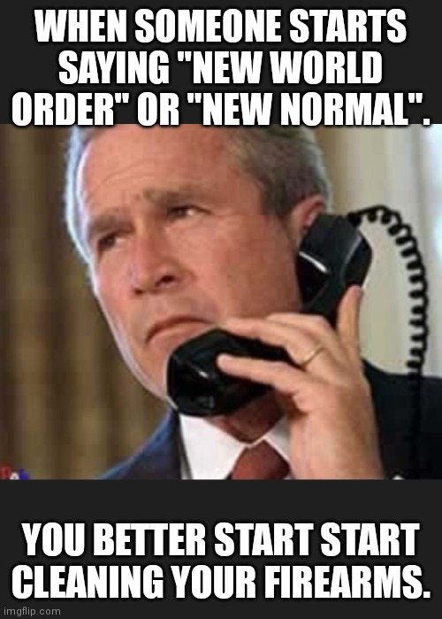 Already past time, but not too late! | WHEN SOMEONE STARTS SAYING "NEW WORLD ORDER" OR "NEW NORMAL". YOU BETTER START START CLEANING YOUR FIREARMS. | image tagged in hello george bush | made w/ Imgflip meme maker