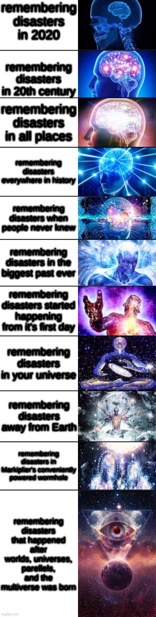 Expanding Brain (FULL VERSION) | remembering disasters in 2020 remembering disasters in 20th century remembering disasters in all places remembering disasters everywhere in  | image tagged in expanding brain full version | made w/ Imgflip meme maker