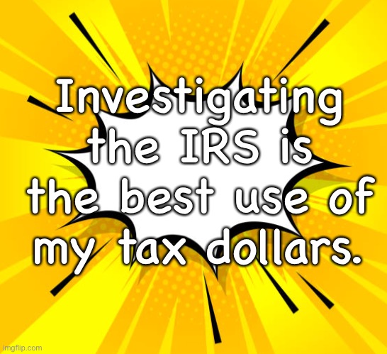 IRS |  Investigating the IRS is the best use of my tax dollars. | image tagged in investigating,irs,best use of,my dollar,taxes | made w/ Imgflip meme maker