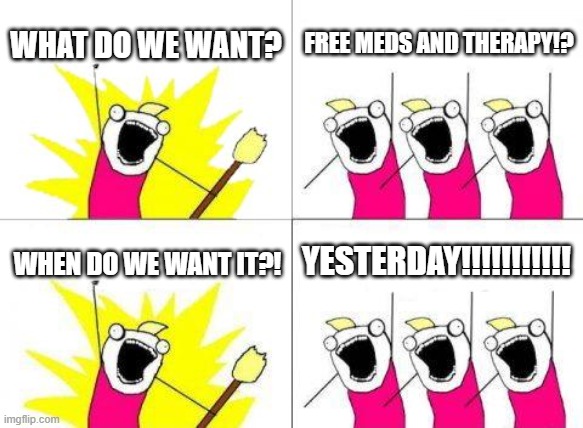 People with BPD | WHAT DO WE WANT? FREE MEDS AND THERAPY!? YESTERDAY!!!!!!!!!!! WHEN DO WE WANT IT?! | image tagged in memes,what do we want | made w/ Imgflip meme maker