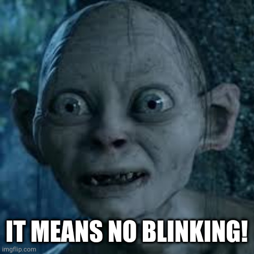 wide eyes | IT MEANS NO BLINKING! | image tagged in wide eyes | made w/ Imgflip meme maker