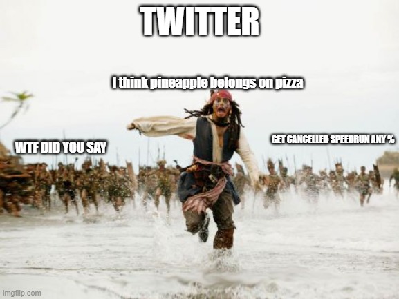 run | TWITTER; I think pineapple belongs on pizza; GET CANCELLED SPEEDRUN ANY %; WTF DID YOU SAY | image tagged in memes,jack sparrow being chased | made w/ Imgflip meme maker