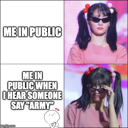 BTS ARMY | ME IN PUBLIC; ME IN PUBLIC WHEN I HEAR SOMEONE SAY "ARMY" | image tagged in momo w/ glasses | made w/ Imgflip meme maker