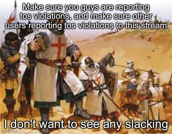 Crusader Strategizing | Make sure you guys are reporting tos violations, and make sure other users reporting tos violations to this stream; I don't want to see any slacking | image tagged in crusader strategizing | made w/ Imgflip meme maker