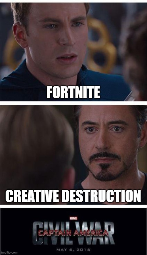 which one? |  FORTNITE; CREATIVE DESTRUCTION | image tagged in memes,marvel civil war 1 | made w/ Imgflip meme maker