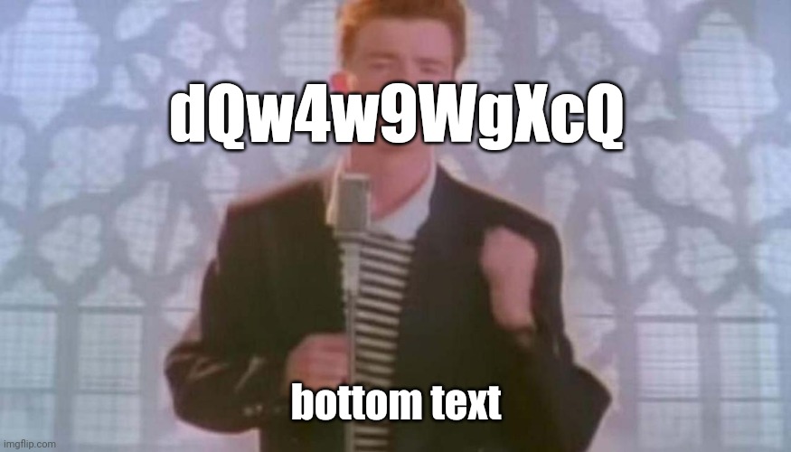 Never gonna give you up | dQw4w9WgXcQ; bottom text | image tagged in never gonna give you up | made w/ Imgflip meme maker