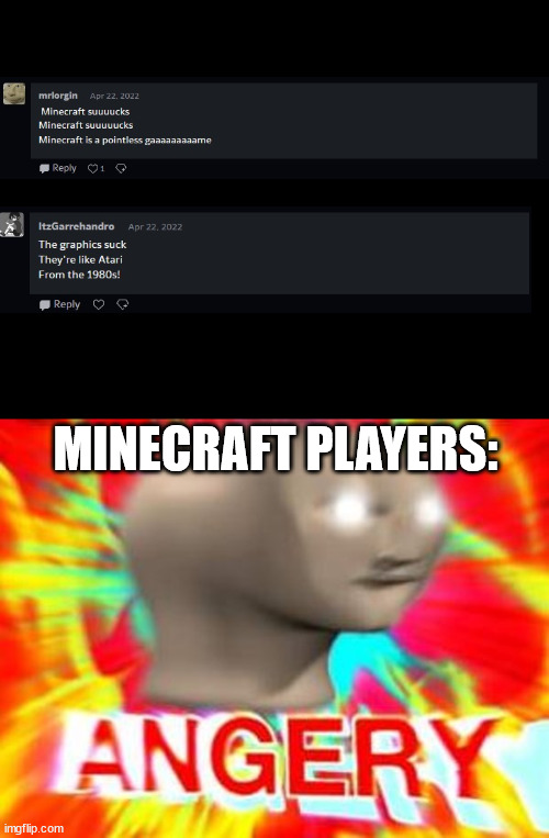 Why you hate minecraft? It's the Best game, Idiot... | MINECRAFT PLAYERS: | image tagged in surreal angery,minecraft,minecraft memes,deviantart | made w/ Imgflip meme maker