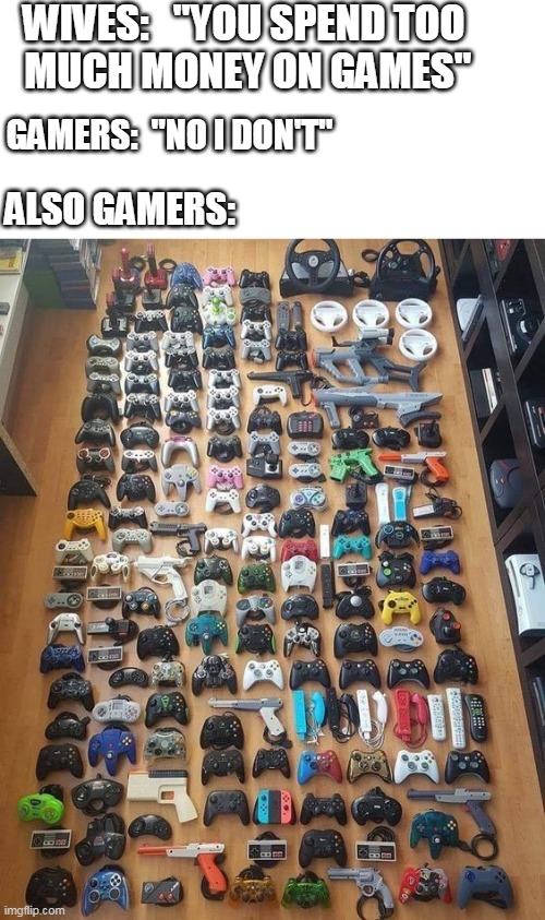 I SEE NOTHING WRONG THERE | WIVES:   "YOU SPEND TOO
 MUCH MONEY ON GAMES"; GAMERS:  "NO I DON'T"; ALSO GAMERS: | image tagged in video games,gamers,gaming,videogames | made w/ Imgflip meme maker
