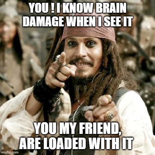 POINT JACK |  YOU ! I KNOW BRAIN DAMAGE WHEN I SEE IT; YOU MY FRIEND, ARE LOADED WITH IT | image tagged in point jack | made w/ Imgflip meme maker