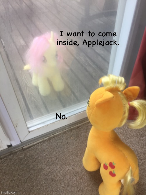 Bruh | I want to come inside, Applejack. No. | image tagged in applejack,fluttershy | made w/ Imgflip meme maker