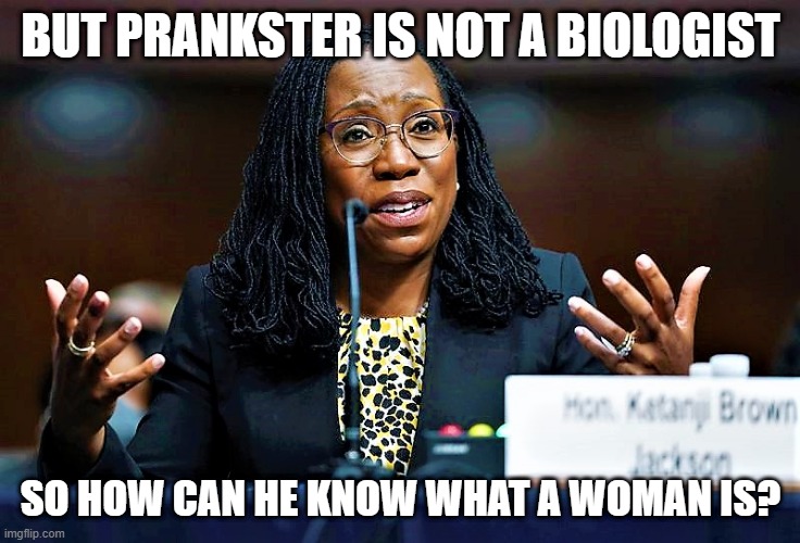 Ketanji Brown Jackson | BUT PRANKSTER IS NOT A BIOLOGIST SO HOW CAN HE KNOW WHAT A WOMAN IS? | image tagged in ketanji brown jackson | made w/ Imgflip meme maker