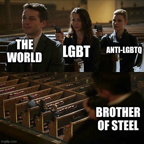 problems of the world | THE WORLD; ANTI-LGBTQ; LGBT; BROTHER OF STEEL | image tagged in assassination chain | made w/ Imgflip meme maker