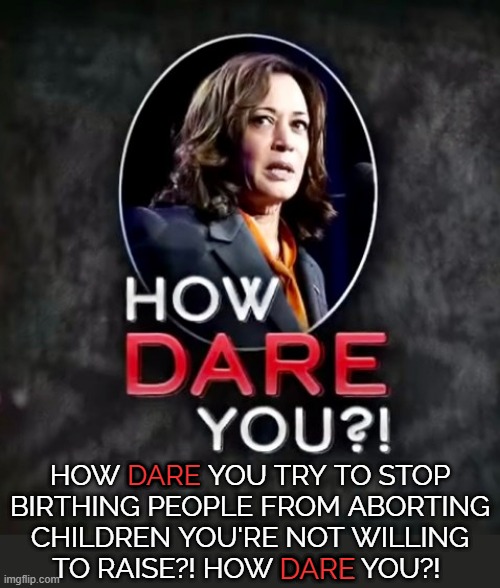 Kamala how dare you | DARE; HOW DARE YOU TRY TO STOP
BIRTHING PEOPLE FROM ABORTING
CHILDREN YOU'RE NOT WILLING
TO RAISE?! HOW DARE YOU?! DARE | image tagged in kamala harris,scotus,abortion,how dare you,children,politicians suck | made w/ Imgflip meme maker