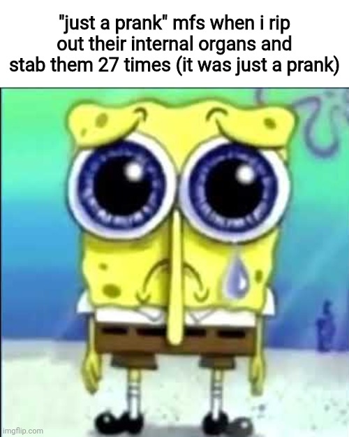 Sad Spongebob | "just a prank" mfs when i rip out their internal organs and stab them 27 times (it was just a prank) | image tagged in sad spongebob | made w/ Imgflip meme maker