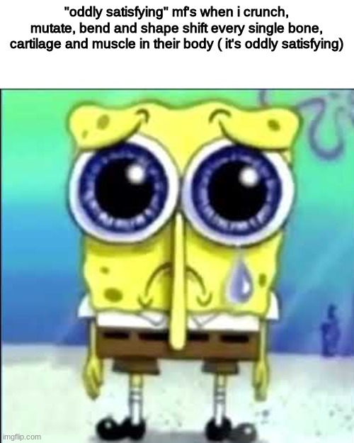 Sad Spongebob | "oddly satisfying" mf's when i crunch, mutate, bend and shape shift every single bone, cartilage and muscle in their body ( it's oddly satisfying) | image tagged in sad spongebob | made w/ Imgflip meme maker