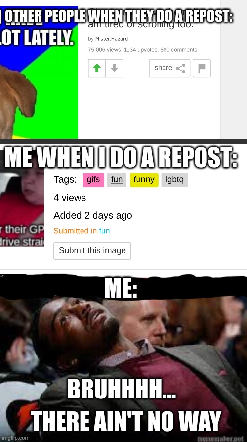 4 views |  OTHER PEOPLE WHEN THEY DO A REPOST:; ME WHEN I DO A REPOST:; ME:; BRUHHHH... THERE AIN'T NO WAY | image tagged in funny,true,fun,bruh,so true meme | made w/ Imgflip meme maker