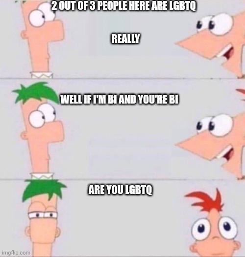 Phineas and Ferb | 2 OUT OF 3 PEOPLE HERE ARE LGBTQ; REALLY; WELL IF I'M BI AND YOU'RE BI; ARE YOU LGBTQ | image tagged in phineas and ferb | made w/ Imgflip meme maker