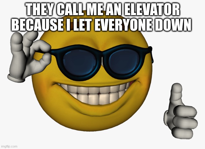 Cool guy emoji | THEY CALL ME AN ELEVATOR BECAUSE I LET EVERYONE DOWN | image tagged in cool guy emoji | made w/ Imgflip meme maker