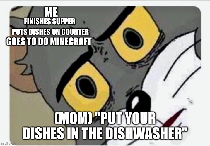 Disturbed Tom | ME; FINISHES SUPPER; PUTS DISHES ON COUNTER; GOES TO DO MINECRAFT; (MOM) "PUT YOUR DISHES IN THE DISHWASHER" | image tagged in disturbed tom | made w/ Imgflip meme maker