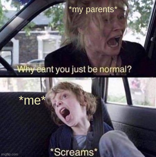 "Hey this is me and my life. is kinda crazy." | *my parents*; *me* | image tagged in why can't you just be normal | made w/ Imgflip meme maker