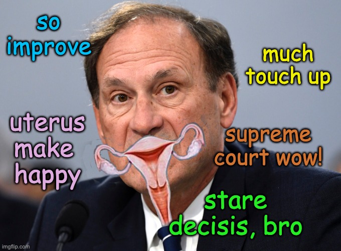 Pin the smile on the donkey, Justice Alito | much touch up; so improve; uterus
make 
happy; supreme court wow! stare decisis, bro | image tagged in alito,supreme court,uterus,abortion,dada,doge | made w/ Imgflip meme maker