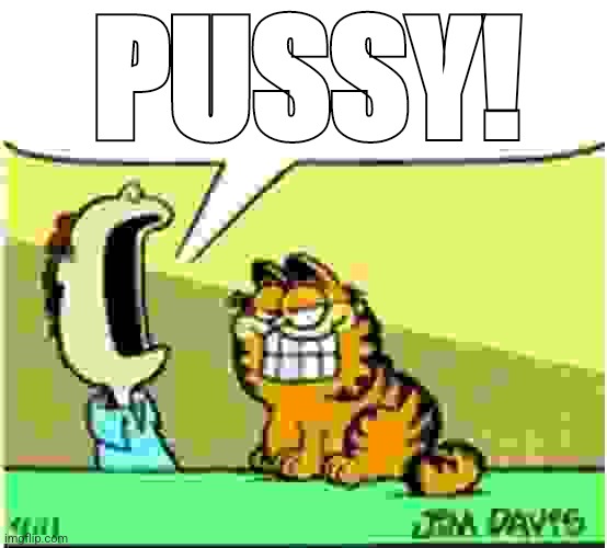 Jon Arbuckle yelling at Garfield the cat | PUSSY! | image tagged in jon arbuckle yelling at garfield the cat | made w/ Imgflip meme maker