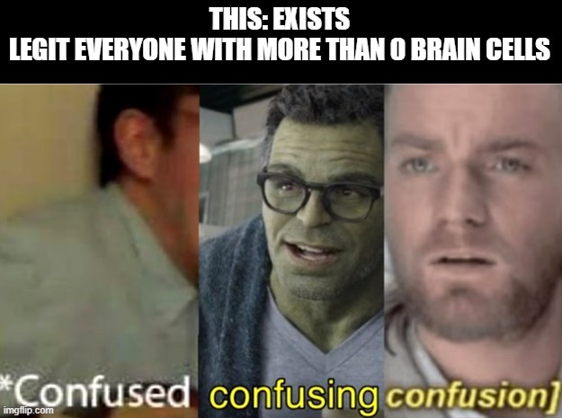 confused confusing confusion | THIS: EXISTS
LEGIT EVERYONE WITH MORE THAN 0 BRAIN CELLS | image tagged in confused confusing confusion | made w/ Imgflip meme maker