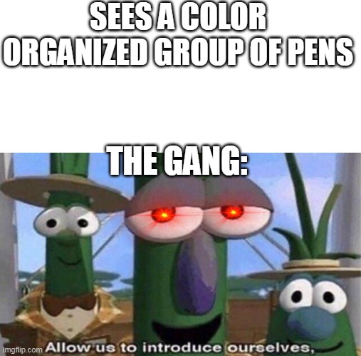hehe haha | SEES A COLOR ORGANIZED GROUP OF PENS; THE GANG: | image tagged in veggietales 'allow us to introduce ourselfs' | made w/ Imgflip meme maker